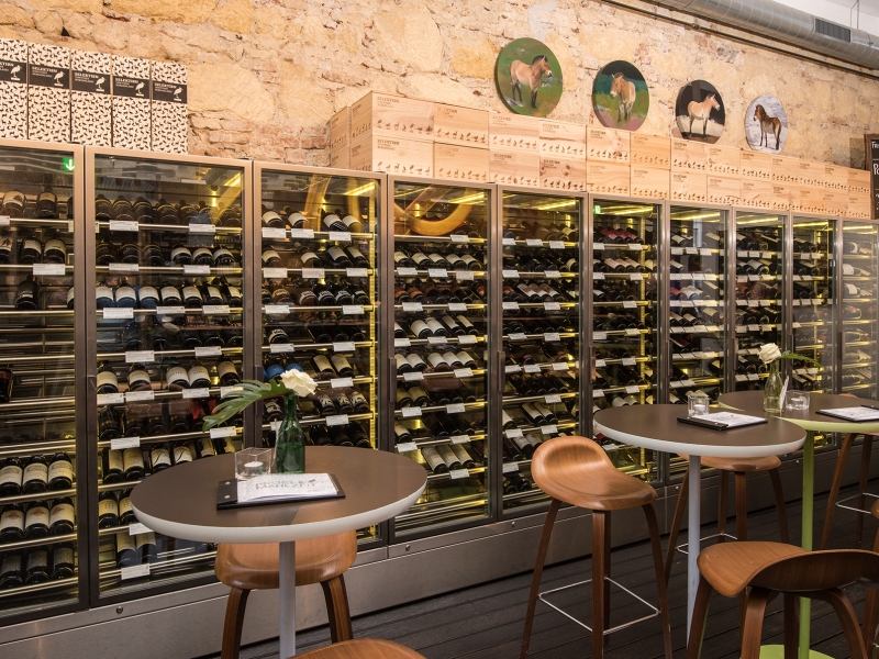 Viele Meter langer hoher Wandverbau als exquisite Weinkühlvitrine ausgeführt (Sonderanfertigung für Vinothek Burgenland)